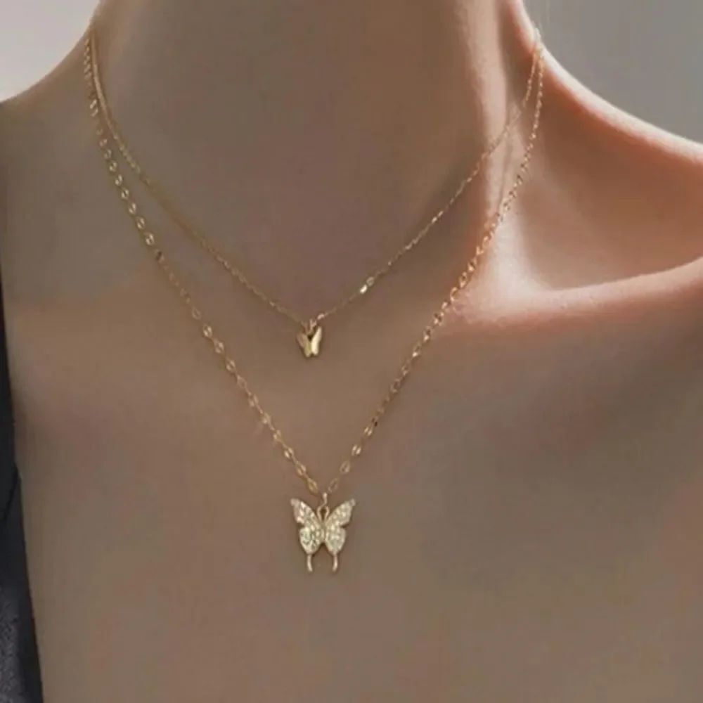 3for$20 1pc Double-Layered Gold-Tone Butterfly Necklace With Rhinestones
